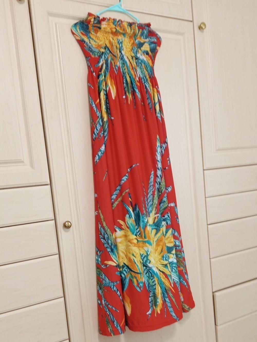 Vintage Strapless Red Tropical Print Maxi Dress